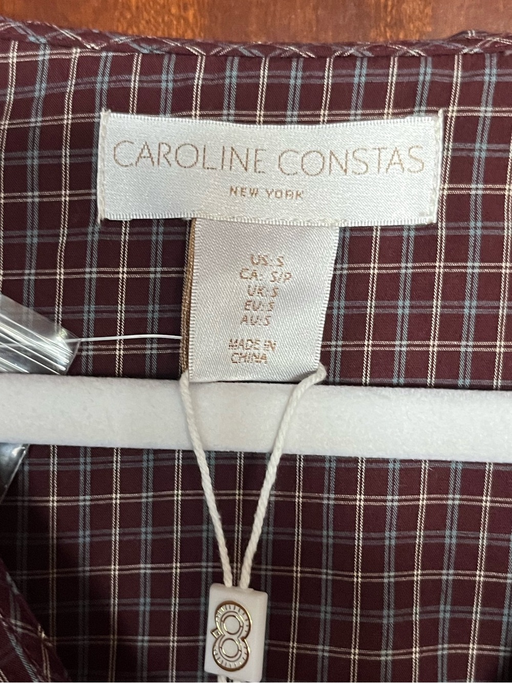 Caroline Constas Burgundy Brown Gingham Plaid Embroidered Shirt Blouse Sleeves - Picture 3 of 5